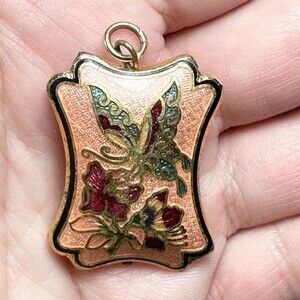Cloisonné Pendant Vintage Enamel Butterfly Floral Puffy 1.25"